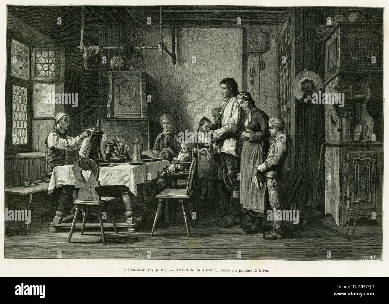 Le benedicite. Gravure de Barbant d'apres un tableau de Brion, pour Illustrator le recit A Travers l'Alsace et la Lorraine, par Charles Grad, depute allemand, en 1884, in le Tour du Monde 1886, sous la direction d'Edouard Charton ( 1807-1890), Hachette, Paris. Stockfoto