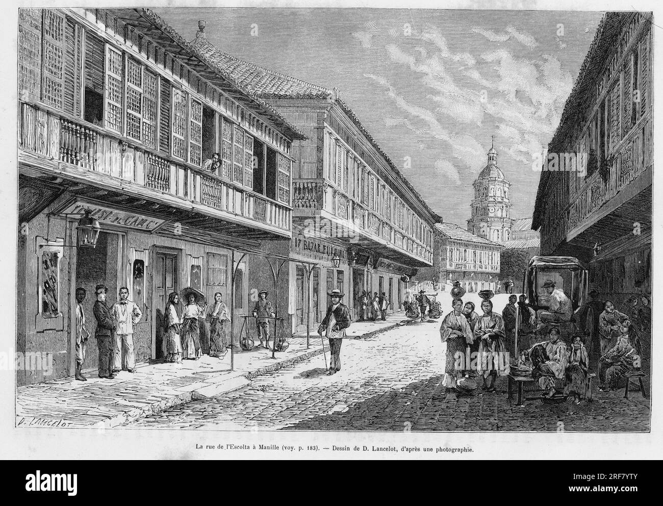 Rue de L'Escolta a Manille. Gravure de Lancelot pour Illustrator le recit Lucon et Palaouan, Six annees aux Philippines, par Alfred Marche (1844-1898), in le Tour du monde 1886, sous la direction d'Edouard Charton (1807-1890), Hachette, Paris. Stockfoto