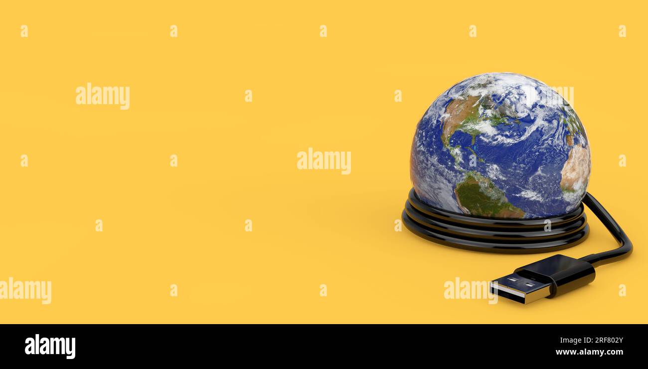 Planete Earth World Globe mit USB-Kabel auf gelbem Hintergrund. Elemente dieses Bildes, bereitgestellt von der NASA. 3D-Rendering Stockfoto