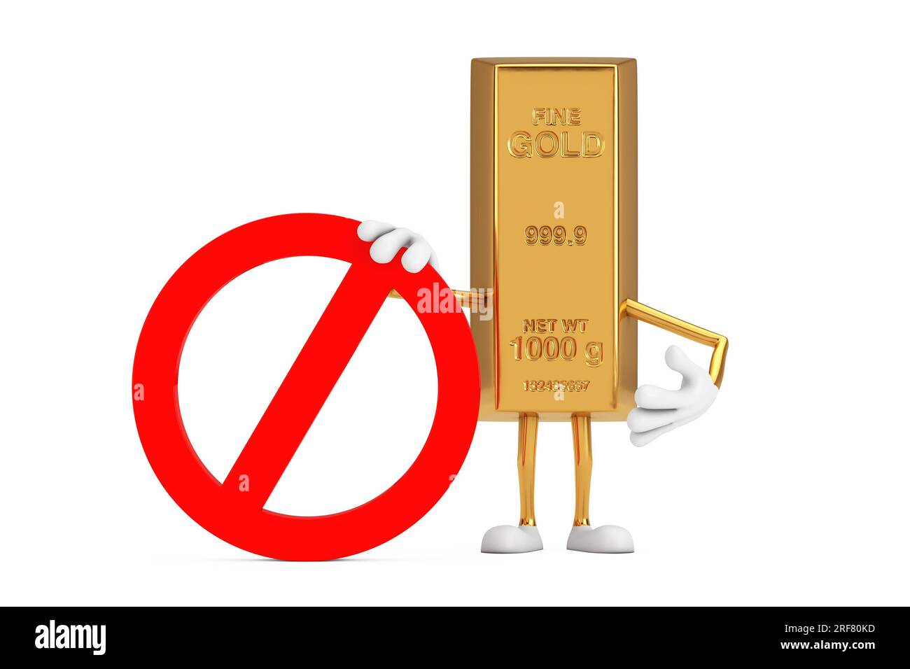 Golden Bar Cartoon Maskottchen mit einem roten Verbots- oder Verbotsschild auf weißem Hintergrund. 3D-Rendering Stockfoto