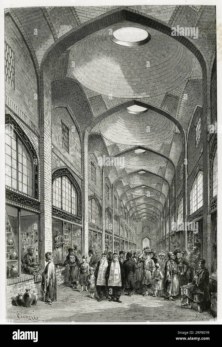 Le Bazar du Vakil a Shiraz (Iran). Gravure de Barclay, pour Illustrator le recit ' La Perse, la Chaldee et la Susiane', en 1881-1882, par Jane Dieulafoy ( 1851-1916), ecrivain et archeologue. Publie dans le Tour du monde, Nouveau Journal des Voyages, 2e. Halbjahr 1884, sous la Direction d'Edouard Charton (1807-1890), Ausgabe Hachette, Paris. Stockfoto