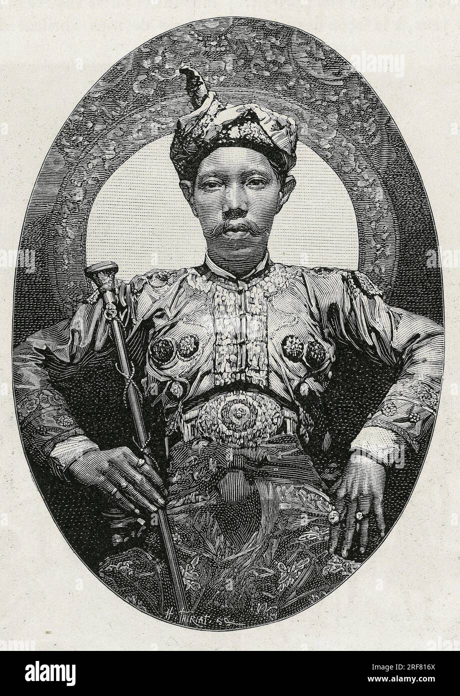 Portrait de Mohammed Yamalul Alam, sultan de Soulou ( ou Sulu ) ( Philippinen), en 1880. Gravure de Thiriat, pour Illustrator le recit ' Voyage aux Philippines', en 1879-1882, par le docteur J.Montano. Publie dans le Tour du monde, Nouveau Journal des Voyages, 1er. Halbjahr 1884, sous la Direction d'Edouard Charton (1807-1890), Ausgabe Hachette, Paris. Stockfoto