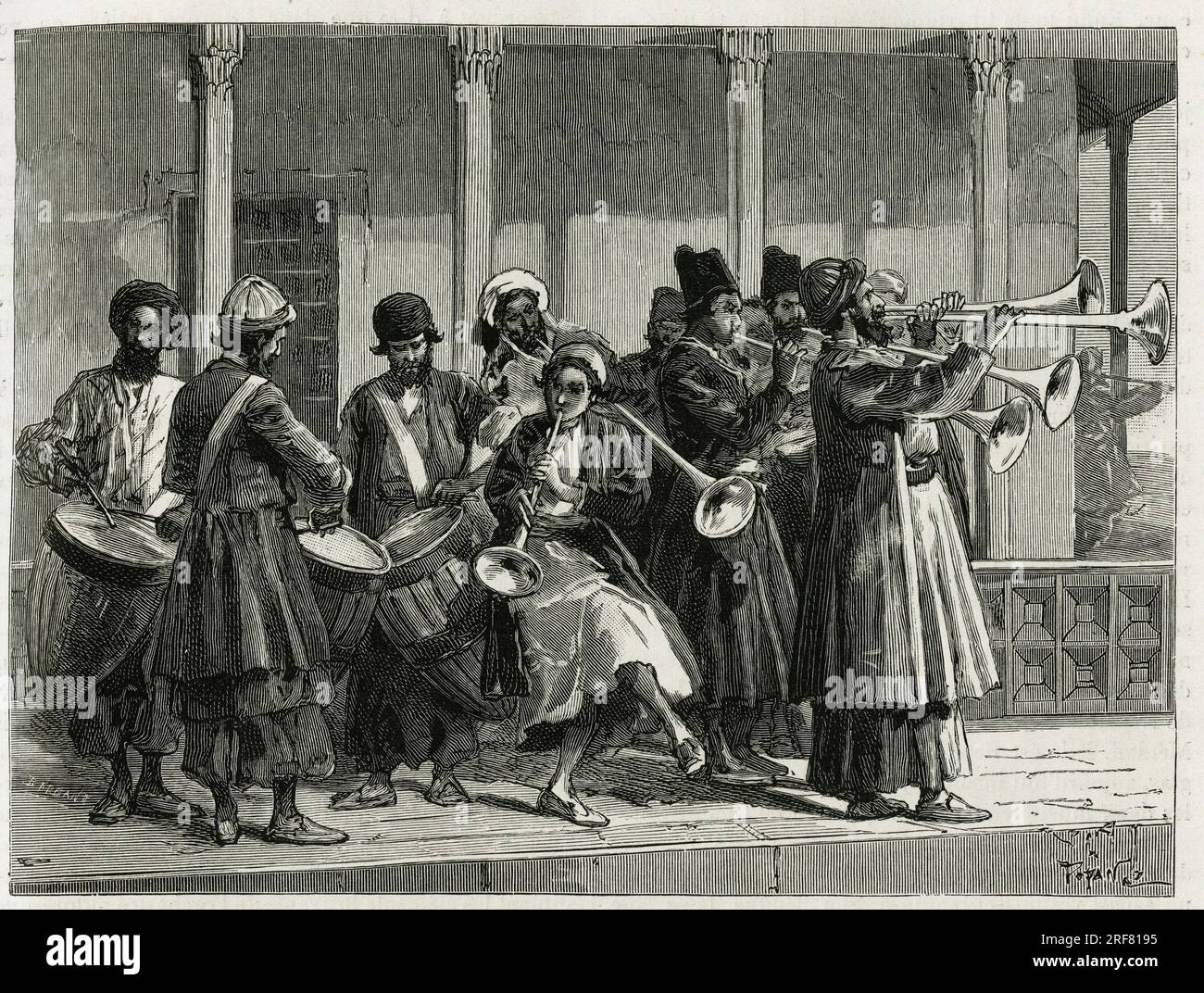 Musiciens saluant le lever du soleil, a Ispahan, ( ou Isfahan, ville d'Iran). Gravure de Tofani, pour Illustrator le recit ' La Perse, La Chaldee et la Susiane', en 1881-1882, par Jane Dieulafoy ( nee Magre, 1851-1916) Archeologue et ecrivain. Publie dans le Tour du monde, Nouveau Journal des Voyages, 1er. Halbjahr 1884, sous la Direction d'Edouard Charton (1807-1890), Ausgabe Hachette, Paris. Stockfoto