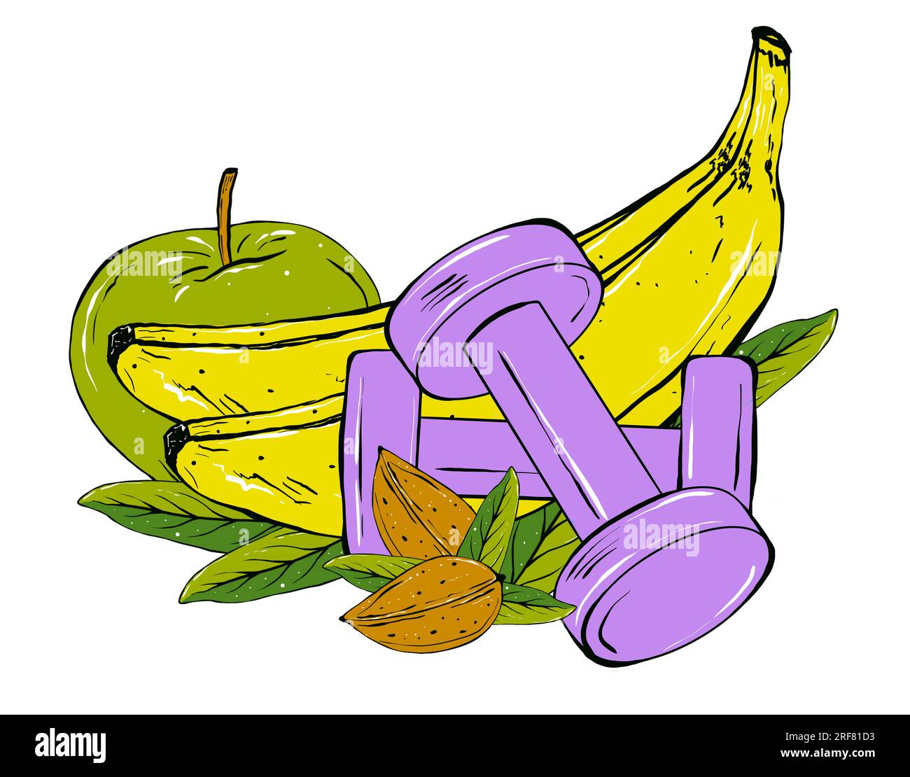Sportnahrung, Fruchtzusammensetzungen und Nahrungsergänzungsmittel. Handgezeichnete Illustration. Stockfoto