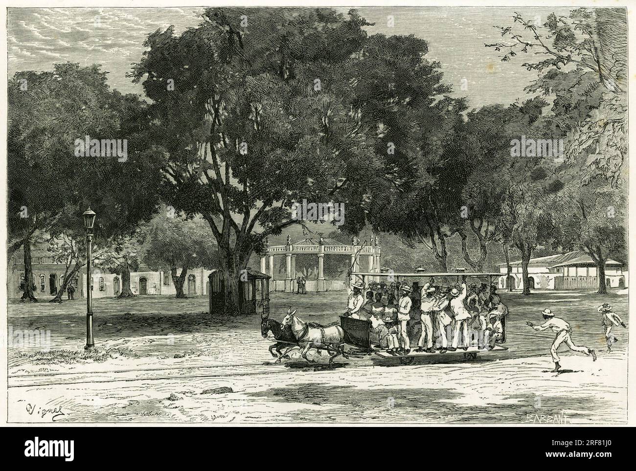 Straßenbahn, Tire par des chevaux, dans le Port de para (Bresil), sur le largo du Nazareth. Gravure de Vignal, pour Illustrator le recit 'Amazone et cordilleres', 1879-1882, par Charles Wiener (1851-1919) Diplomate et geographe Allemand. Publie dans le Tour du Monde, 2eme. Halbjahr 1883, sous la Direction de Edouard Charton (1807-1890) , Ausgabe Hachette, Paris. Stockfoto