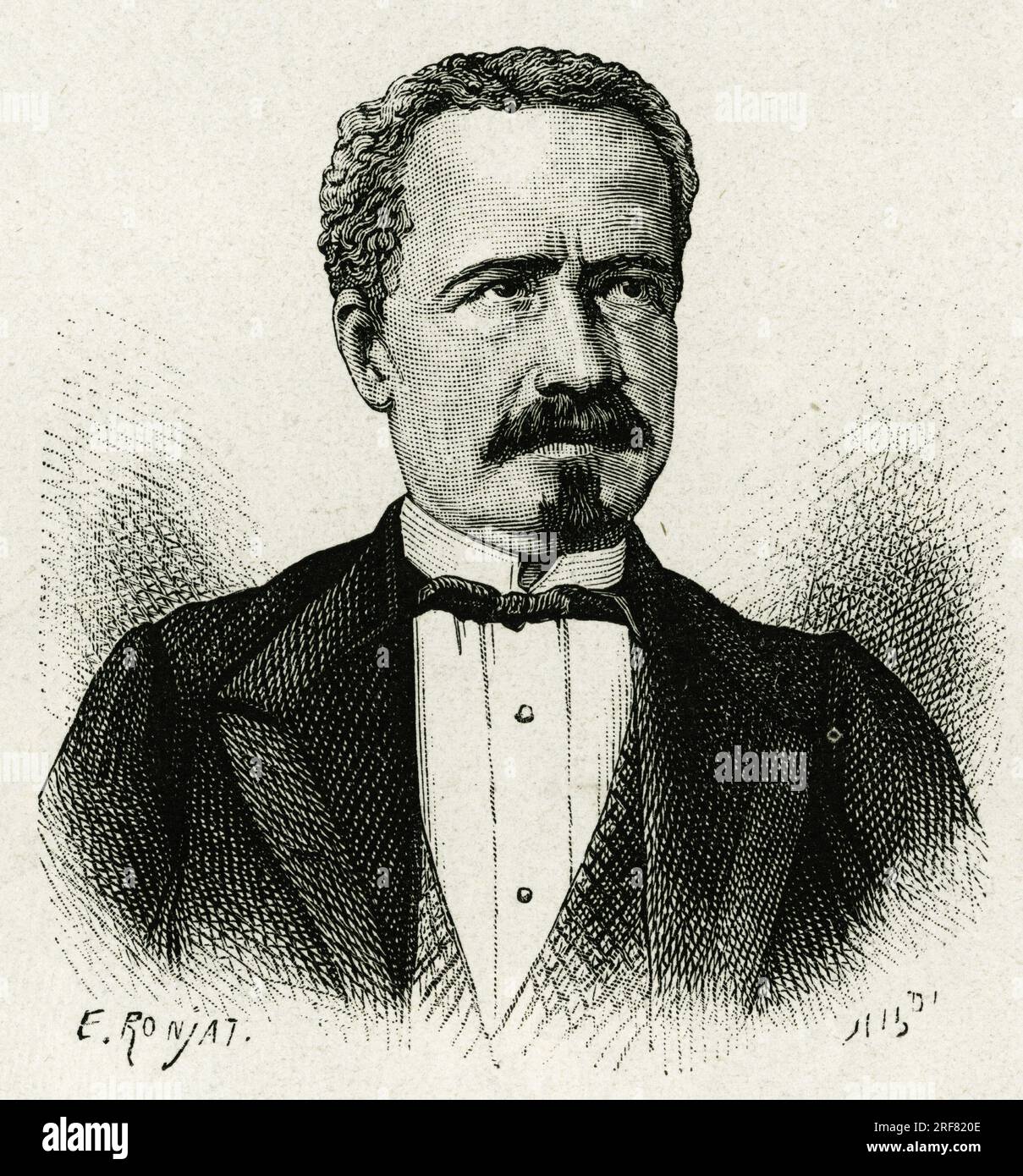 Portrait du President de l'Equateur de 1875 a 1876, Don Antonio Borrero. Gravure de E.Ronjat, d'apres une photography, pour Illustrator le recit 'l'Amerique Equinoxiale', en 1875-1876, par Ed Andre, laden Sie die Mission par le gouvernement francais auf. Publie dans le Tour du Monde, 1er. Halbjahr 1883, sous la Direction de Edouard Charton ( 1807-1890) , Ausgabe Hachette, Paris. Stockfoto