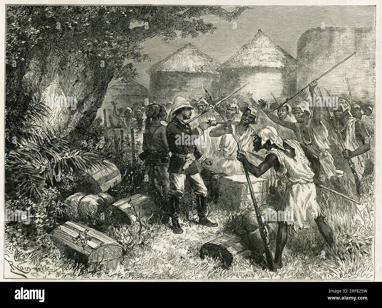 Le Lieutenant Valliere se Defense contre les habitants de Sibi (ou Siby), Village mandingue du Haut Niger (actuel Mali), dont les habitants sont tres perturbes par l'arrivee du Detachement d'Exploration. Gravure de Riou, d'apres un croquis de l'auteur, pour Illustrator le recit 'Exploration du Haut-Niger (Haut Niger)'(actuel Mali) par le commandant Joseph Gallieni (1849-1916) de l'infantiie de marine, en 1881-1882. Publie dans le Tour du Monde, 1er. Halbjahr 1883, sous la Direction de Edouard Charton (1807-1890), Ausgabe Hachette, Paris. Stockfoto