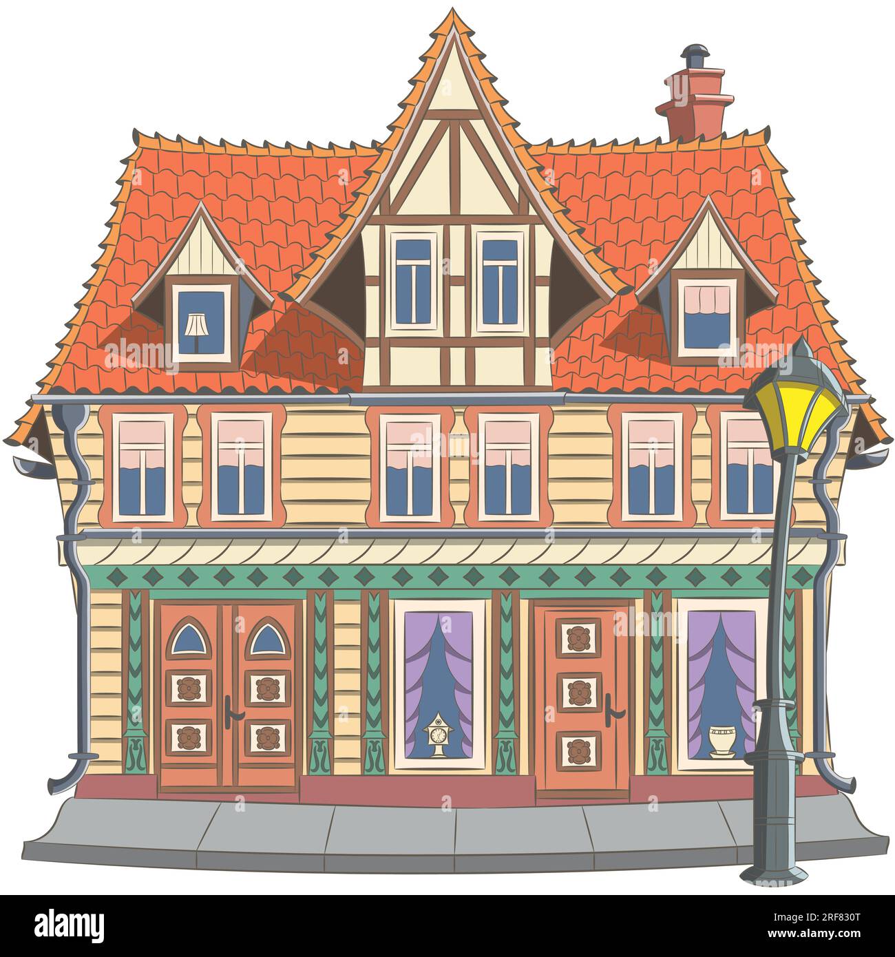 Zeichnung eines alten deutschen Fachwerkhauses mit einem Ziegeldach in Wernigerode. Deutschland. Vektordarstellung. Stock Vektor