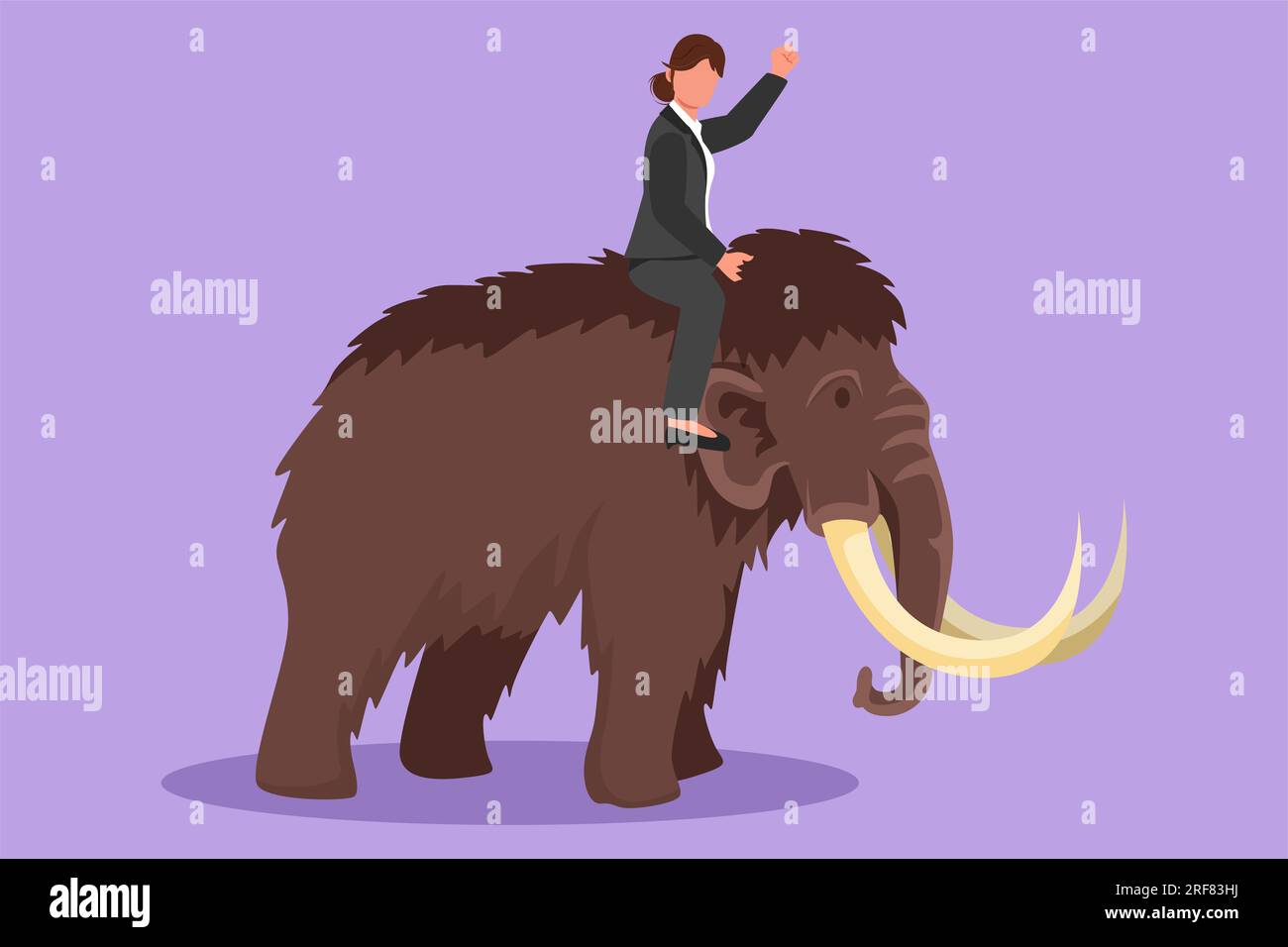Flache grafische Zeichnung einer Geschäftsfrau, die ein riesiges gefährliches Mammut reitet. Weiblicher Charakter einer professionellen Unternehmerin. Erfolgreiche Geschäftsfrau. Bus Stockfoto