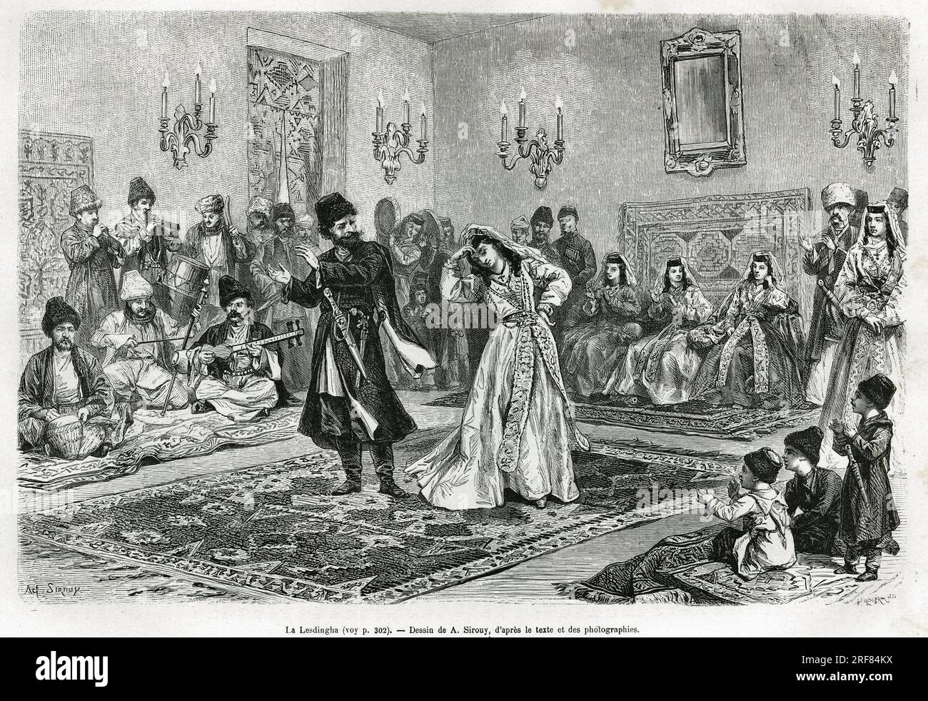 La lesdingha, Danse du Caucase et de Russie, Quadrille Execute Tour, Tour par les Pairs Presents, Gravure d'apres un dessin de A.Sirouy, pour Illustrator le recit Excursions dans le Caucase, de la mer Noire a la mer Caspienne, par Carla Serena, en 1875-1876, du Monlie de, le Tour Sous la Direction d'Edouard Charton, 1880, Paris. Stockfoto