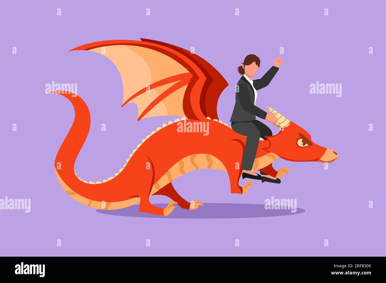Eine flache Zeichentrickzeichnung einer mutigen Geschäftsfrau, die auf einem Drachen reitet. Widrigkeiten überwinden, Mut, Sieg, Führung. Professioneller Unternehmer. Busi Stockfoto