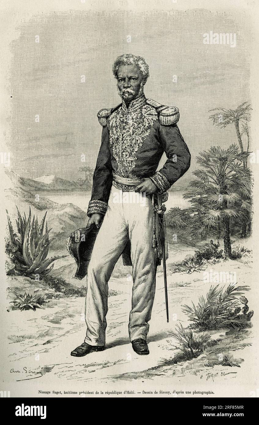 Portrait de Nissage Saget ( 1810-1880), huitieme President de la republique d'Haiti, gravure de Sirouy, pour Illustrator le recit La republique d'Haiti, par Edgar La Selve, professeur de rhetorique a Port au Prince, en 1871, publie dans le Tour du Monton de, sous la Charuard d'Paris, 1879. Stockfoto