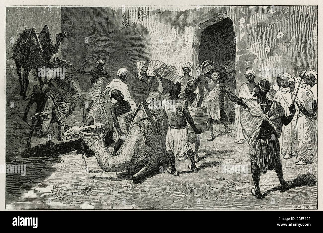 Le chargement des chameaux de la caravane de l'auteur du recit, aTanger, Gravure de Biseo, pour Illustrator le recit Le Maroc par Edmondo de Amicis, en 1875, publie dans le Tour du Monde, sous la Direction d'Edouard Charton, 1879, Paris. Stockfoto