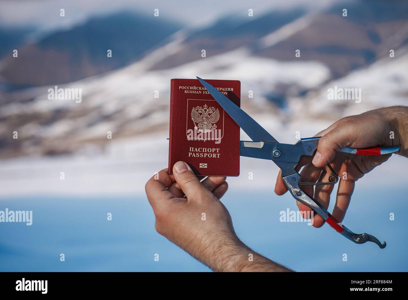 Ein Mann schneidet russische Pässe vor Berghintergrund, Einwanderungskonzept Stockfoto