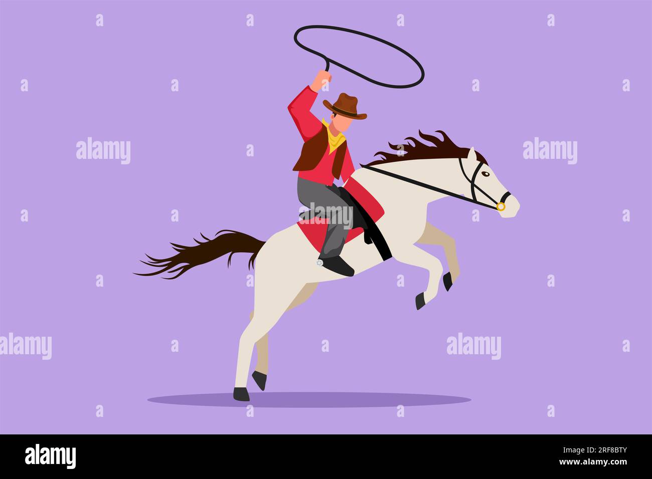 Cartoon mit flachem Design, der mutigen Cowboy mit Lasso auf einem Zuchtpferd malt. Stilisierter Cowboy mit Seil-Lasso auf Pferd. Fröhlicher amerikanischer Cowboy, der reitet und Stockfoto