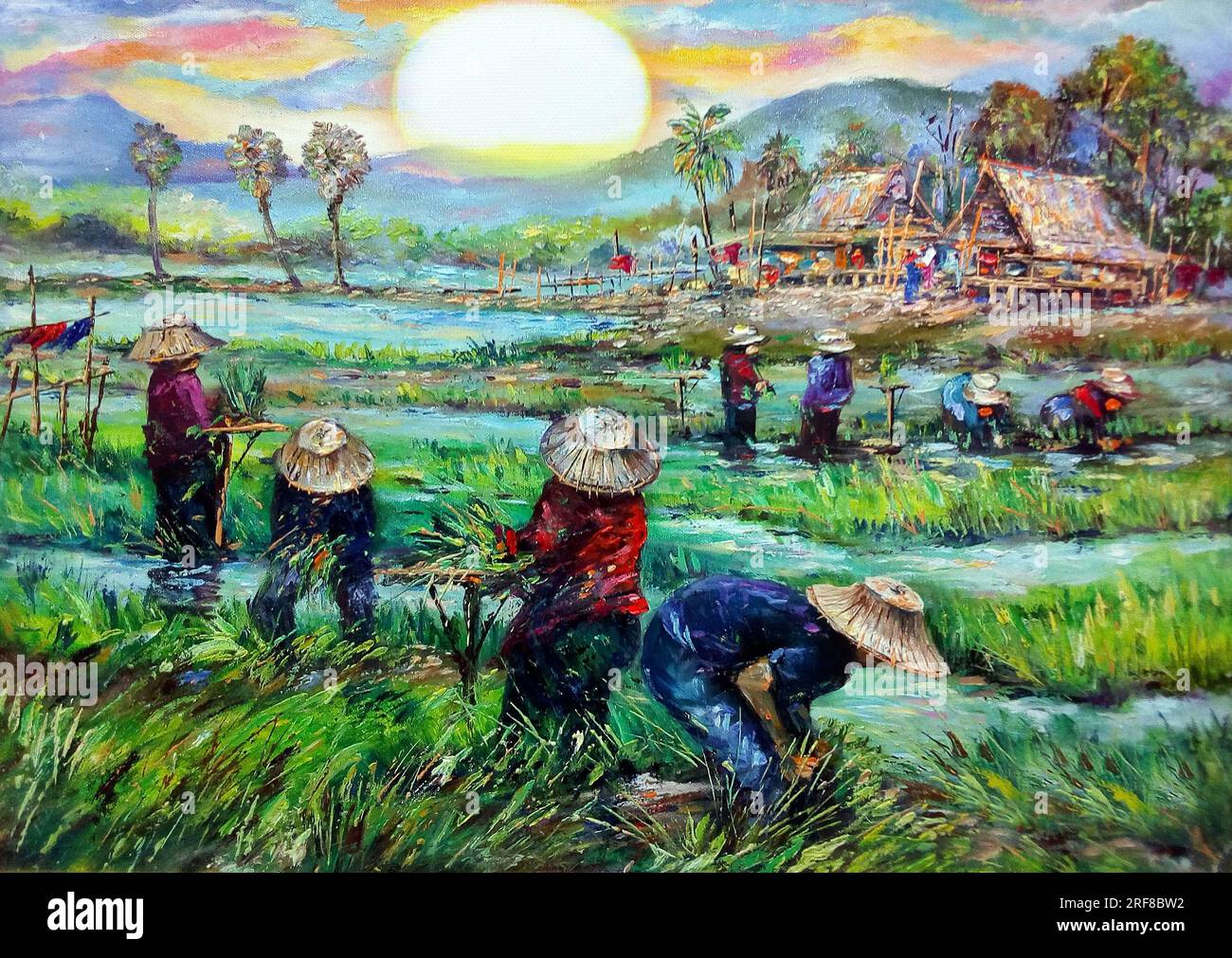 Kunst Malerei Ölfarbe Thailand Anbau Reis, Transplantation Reissämlinge, Land, biologische Landwirtschaft Stockfoto