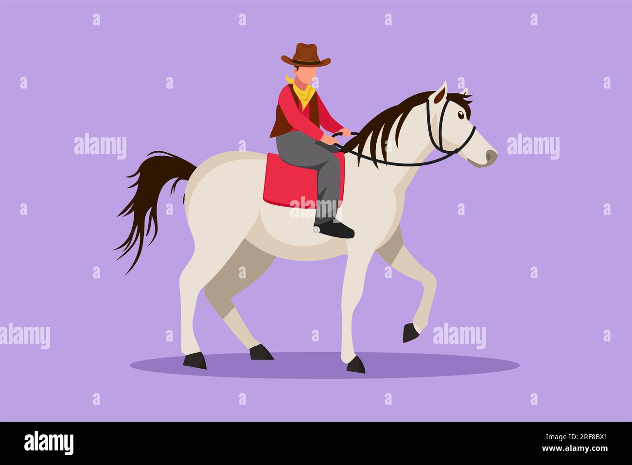 Flaches Grafikdesign mit stilisierten Cowboys auf stehenden Pferden in der Wüste. Starker und tapferer Mann mit Cowboyhut auf einem Pferd. Seniorenmänner stellen sich elegant Stockfoto