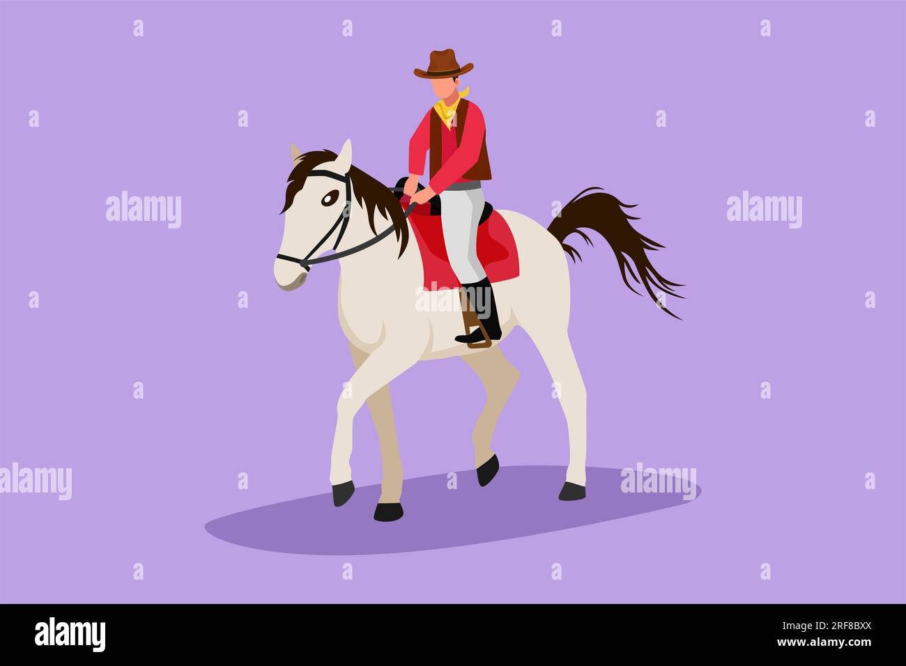Eine flache Zeichentrickzeichnung mit stilisierter Cowboy-Silhouette bei Sonnenuntergang. Starker und tapferer Wilder-West-Held, Mustang und ein Outdoor-Mann, Cowboy A. Stockfoto