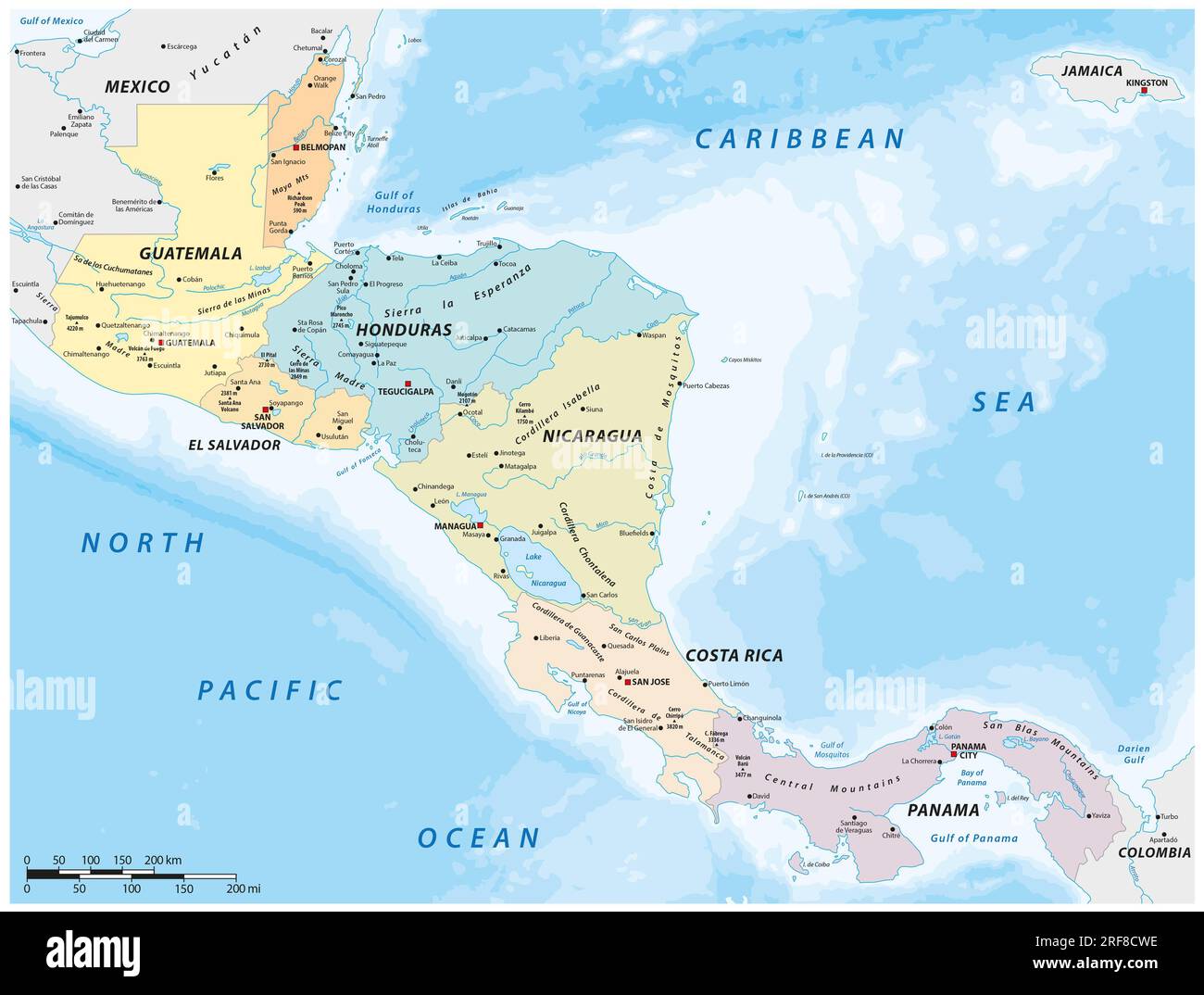 Detaillierte Vektorkarte der zentralamerikanischen Bundesstaaten Stockfoto