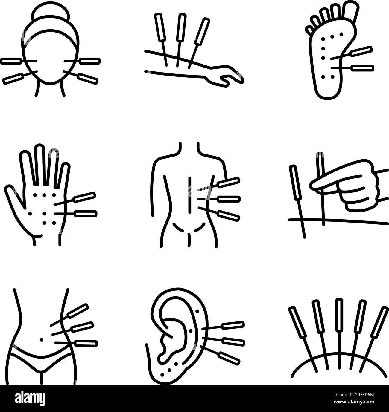Akupunktur. Körpertherapie und Spa. Wellness. Symbolsatz für alternative Medizin. Pixel Perfect Vector Dünne Linien Symbole. Einfaches Minimales Piktogramm Stock Vektor