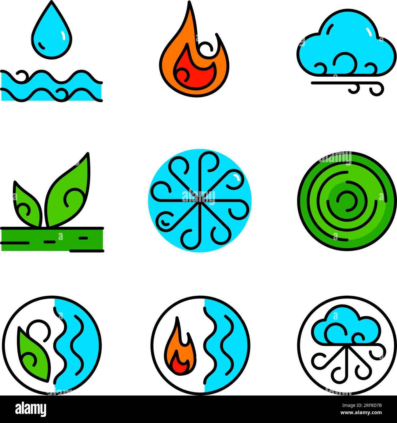 Ayurveda-Farbenelemente Wasser, Feuer, Luft, Erde und Äther. Vector Ayurvedic Icons einfacher, flacher Stil. Elementsymbole für ayurvedische Infogra Stock Vektor