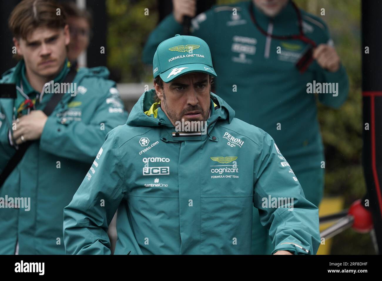 Fernando Alonso aus Spanien: Fahrt mit dem (14) Aston Martin Aramco Cognizant F1 Team AMR23 Mercedes während der Formel 1 MSC Cruises Belgischer Grand Prix 2023 am 30. Juli 2023 in Francorchamps, Belgien. Stockfoto
