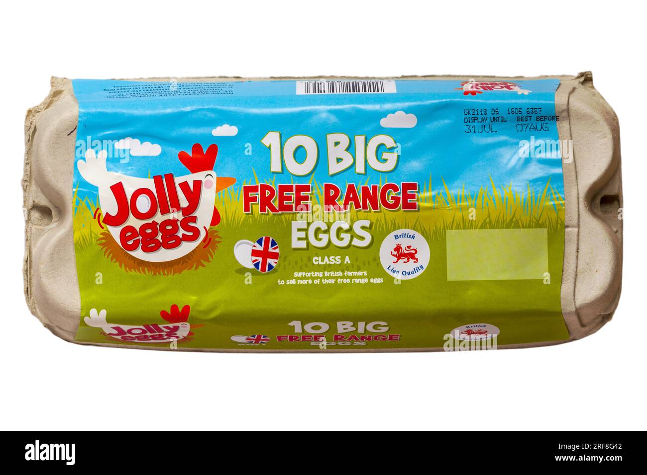 Karton mit Jolly Eggs 10 Big Free Range Eggs Class A British Lion Quality isoliert auf weißem Hintergrund - Egbox geschlossen Egbox Stockfoto