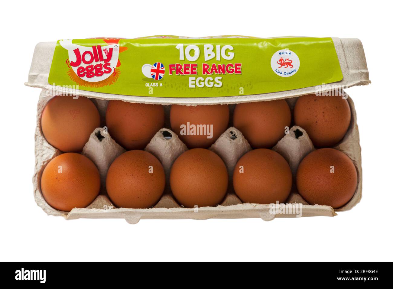 Karton mit Jolly Eggs 10 Big Free Range Eggs Class A British Lion Quality mit Deckel, um den Inhalt isoliert auf weißem Hintergrund zu zeigen Stockfoto