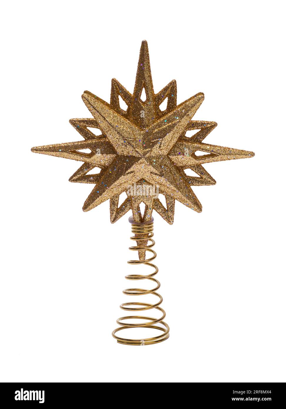 Goldener Weihnachtsbaum-Stern auf Weiß ausgeschnitten. Stockfoto