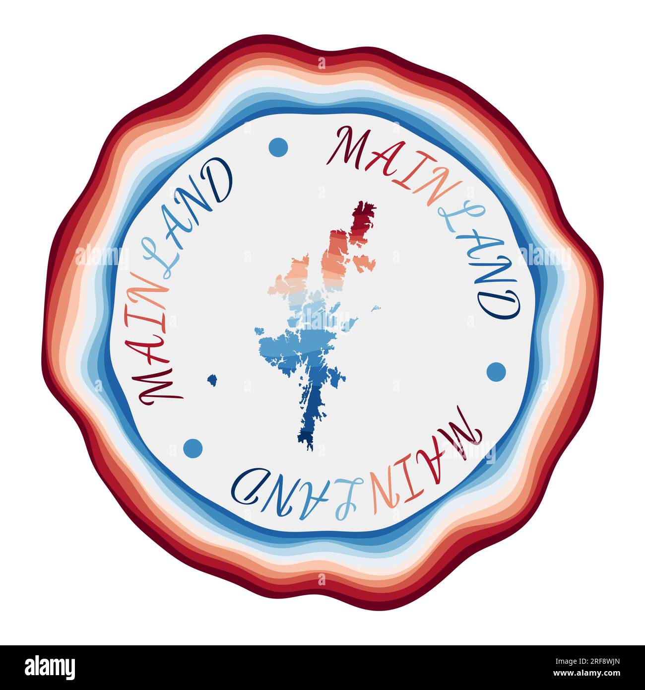 Kennzeichen für das Festland. Karte der Insel mit wunderschönen geometrischen Wellen und leuchtend rotem blauem Rahmen. Leuchtendes rundes Logo für das Festland. Vektordarstellung. Stock Vektor