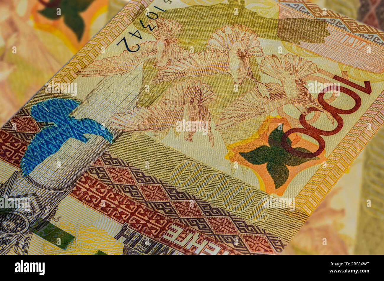 Nahaufnahme von Thousand Tenge der Republik Kasachstan. PapierBanknoten des asiatischen Landes. Detailgetreue Aufnahme des Front Art Designs. Detailliertes Geld. Stockfoto