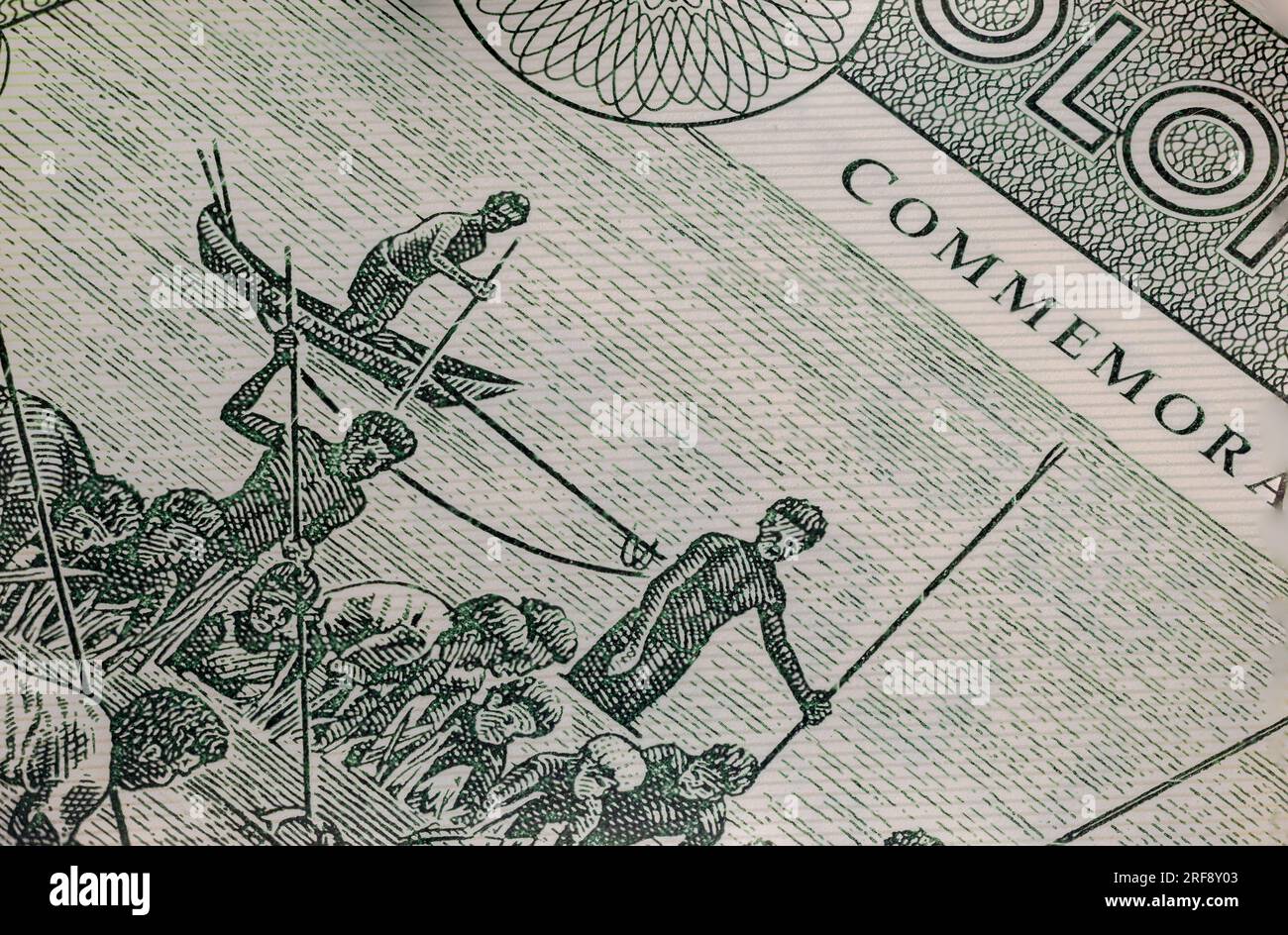 Der 2-Dollar-Schein der Salomonen ist mit komplexen Kunstwerken und Design verziert. Eine Nahaufnahme zeigt lebendige Farben, einheimische Motive und ein Porträt Stockfoto