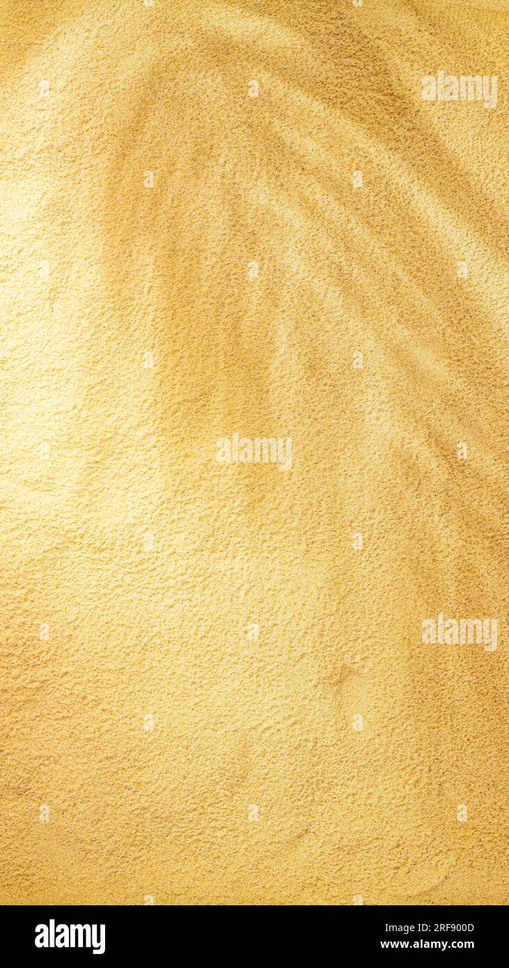Sandhintergrund mit Kopierplatz für Text. Sandstruktur Nahaufnahme mit Palmenblatt Schatten. Horizontales Hintergrundmuster des Sandstrandes Stockfoto