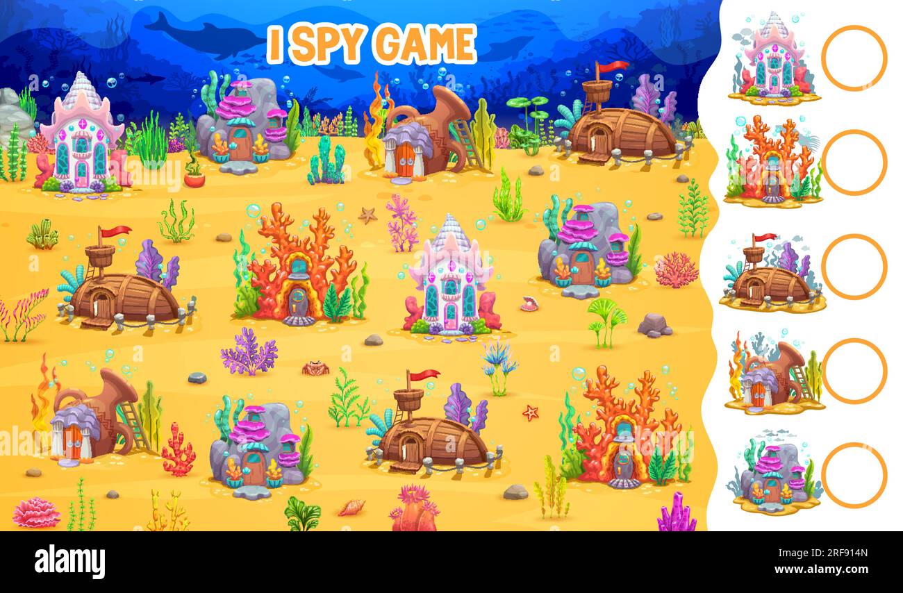 Ich sehe Spiele, Zeichentrickfilme, Unterwasserlandschaft mit märchenhaften Häusern, Kinder-Vektor-Puzzle-Arbeitsblatt. Finden Sie die gleichen Wohnungen in Meeresmuscheln, Korallen oder versunkenen Booten und Pot Home in der Unterwasserwelt Stock Vektor