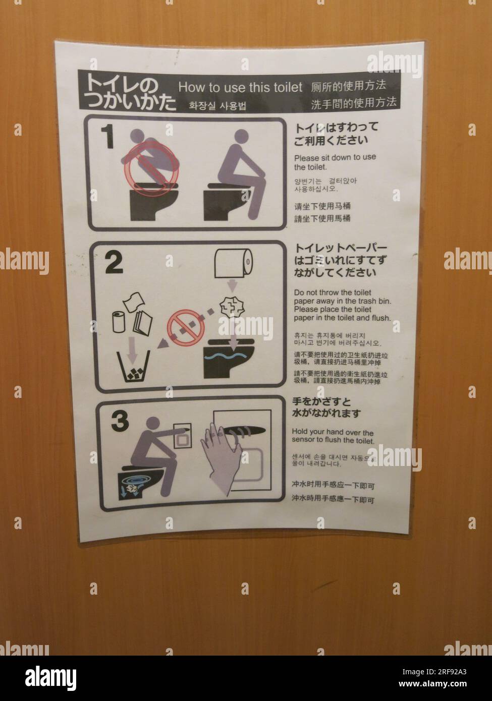 „Wie man diese Toilette benutzt“, ein öffentliches Informationsposter auf Englisch und Japanisch, das die Besucher über die Etikette der Nutzung der Einrichtungen informiert, Stockfoto