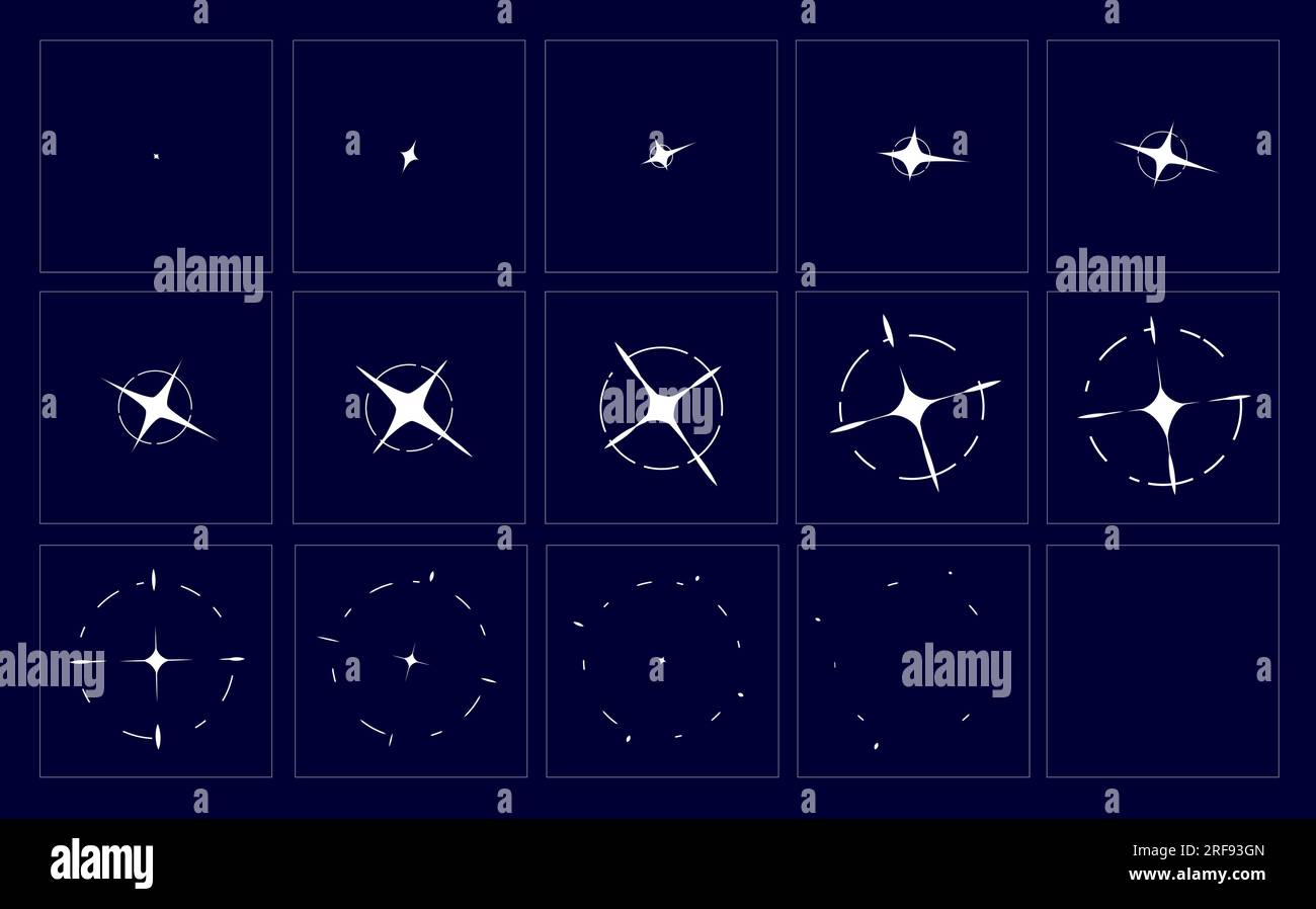 Animierter Glanzeffekt, Animation des Blast-fx-Spiels. Vektorstern glitzern, 2D magischer Blitz oder glitzernde Bewegungssequenz. Zeitleiste für leuchtende Twinkle-Bewegungen, Grafikdesign für Energieexplosion Stock Vektor