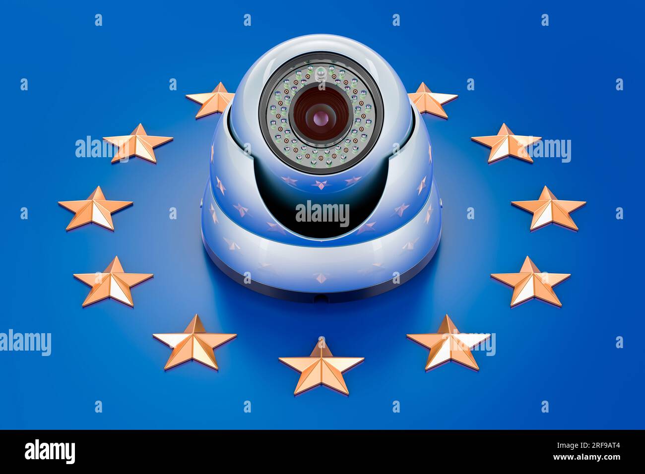 Dome-Überwachungskamera auf der Flagge der Europäischen Union. 3D-Rendering Stockfoto