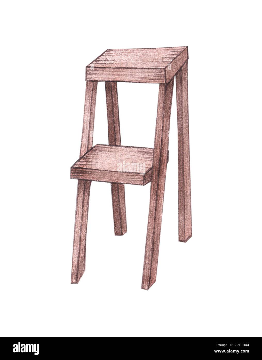 Handgezeichnete, wasserfarbene Holztreppe. Festliche Einrichtung auf weißem Hintergrund. Festliche Illustration für Design, Hochzeit, Karte, Einladung, Stoff, S Stockfoto