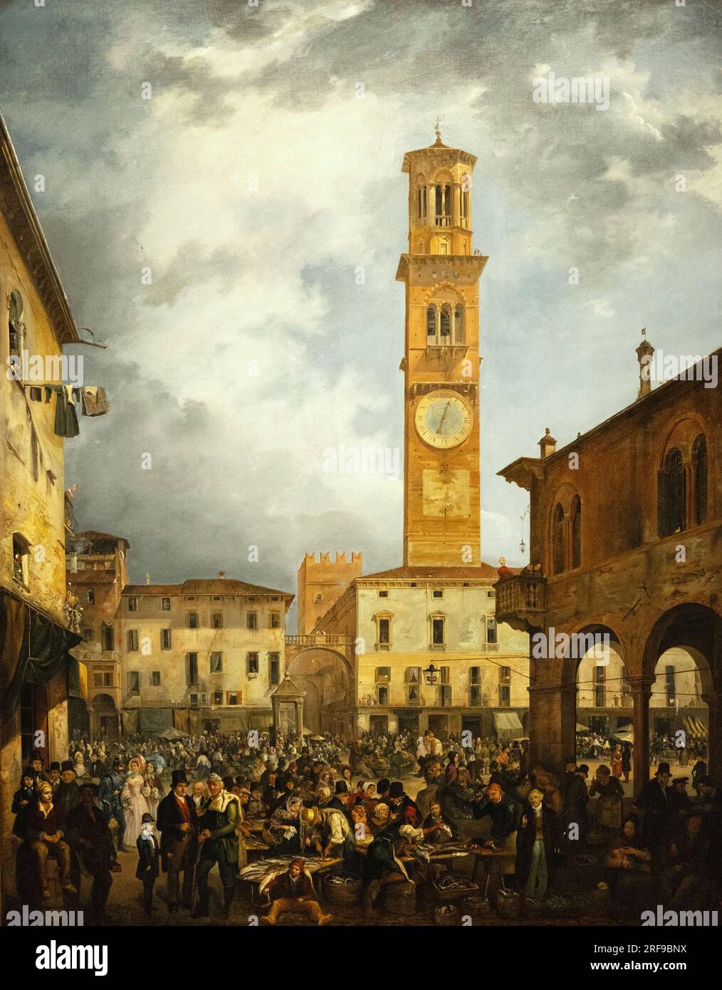 „Piazza Erbe“ Verona; 1839 Gemälde von Carlo Ferrari detto Ferrarin; alias Carlo Ferrari; italienischer Maler des 19. Jahrhunderts; Verona Italien Stockfoto