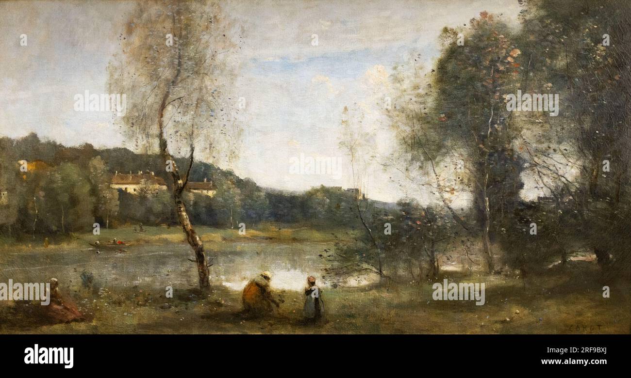 Jean Baptiste Camille Corot Gemälde; Ville D' Avray, l'etang au bouleau devant les Villas; Stadt Avray, Birkenteich vor den Häusern; 1873 Stockfoto