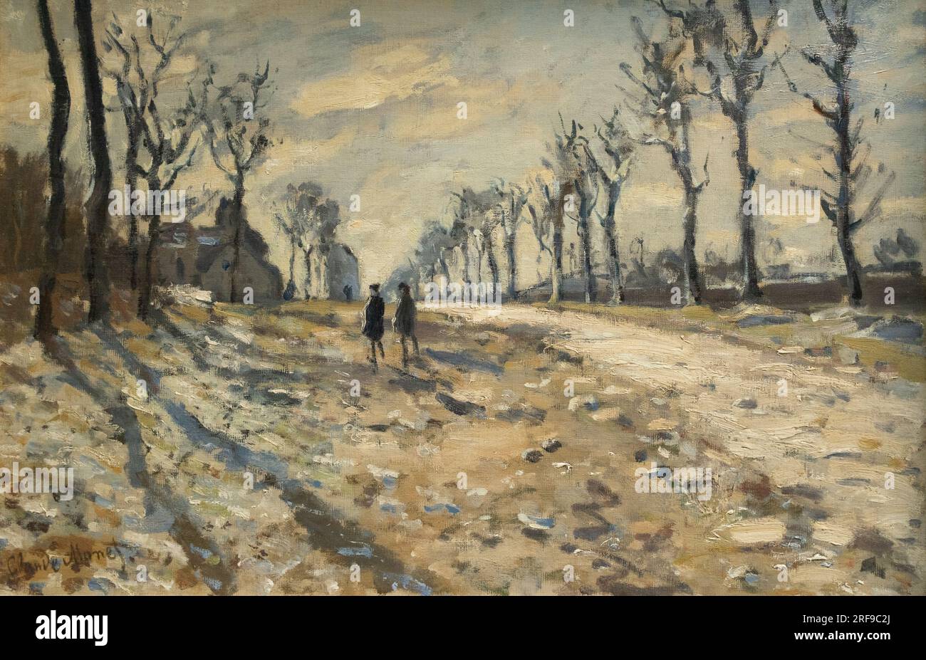 Claude Monet Gemälde; „Route, Effet de Neige, Soleil Couchant“ - Straße, Schnee und Sonnenuntergang, 1864; Monet Landschaft; französischer Impressionist aus dem 19. Jahrhundert Stockfoto