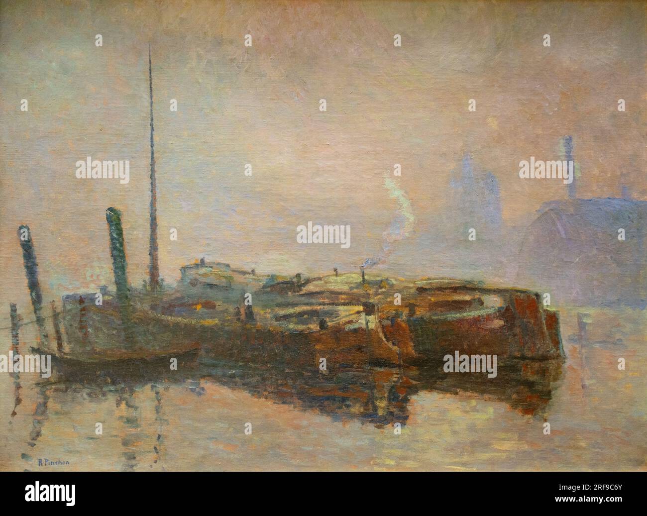 Robert Antoine Pinchon Gemälde; Barges in the Mist, unbekanntes Datum; französischer postimpressionistischer Landschaftsmaler 1886-1943 Stockfoto