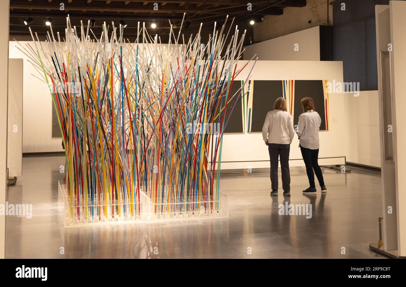 Zwei Frauen, die sich im Inneren der Galleria d'Arte Moderna (Galerie für moderne Kunst), des Palazzo Forti, Verona Italien Europa Kunst ansehen Stockfoto