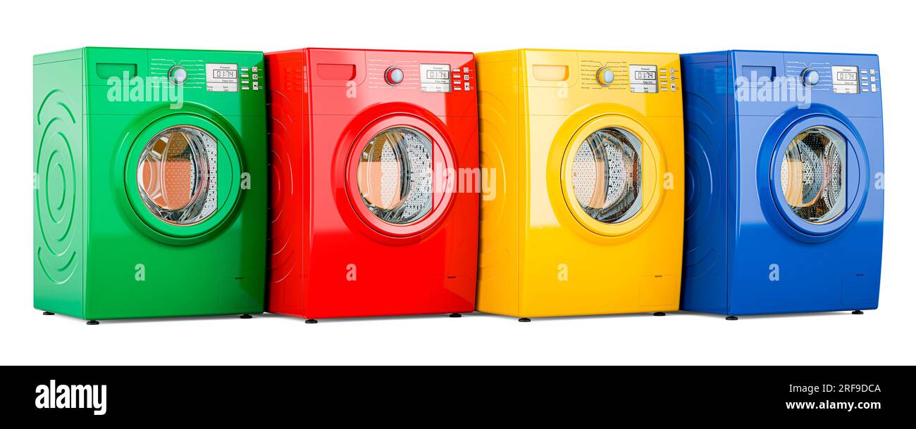 Farbige Waschmaschinen, 3D-Rendering isoliert auf weißem Hintergrund Stockfoto