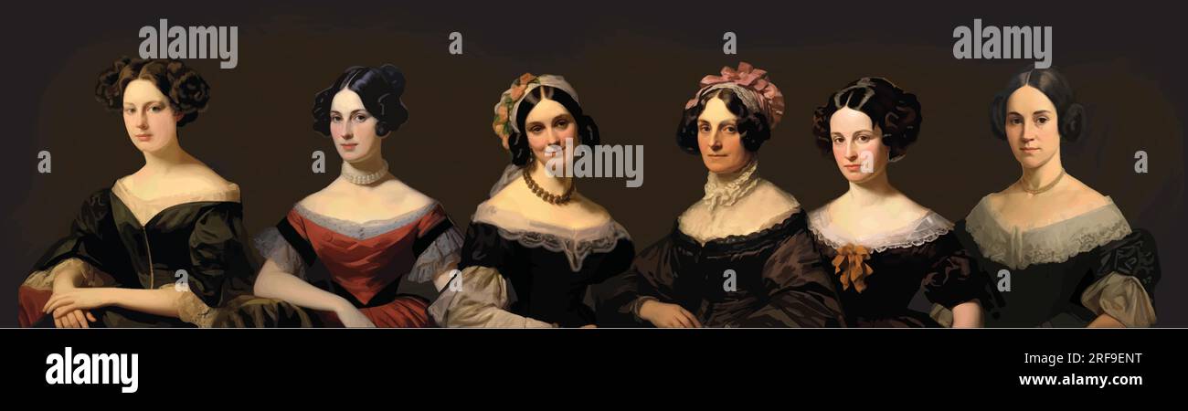 US First Ladies von 1829-1842: (Von links nach rechts) Emily Donelson, Sarah Jackson, Sarah Van Buren, Anna Harrison, Jane Harrison, Letitia Tyler Stock Vektor