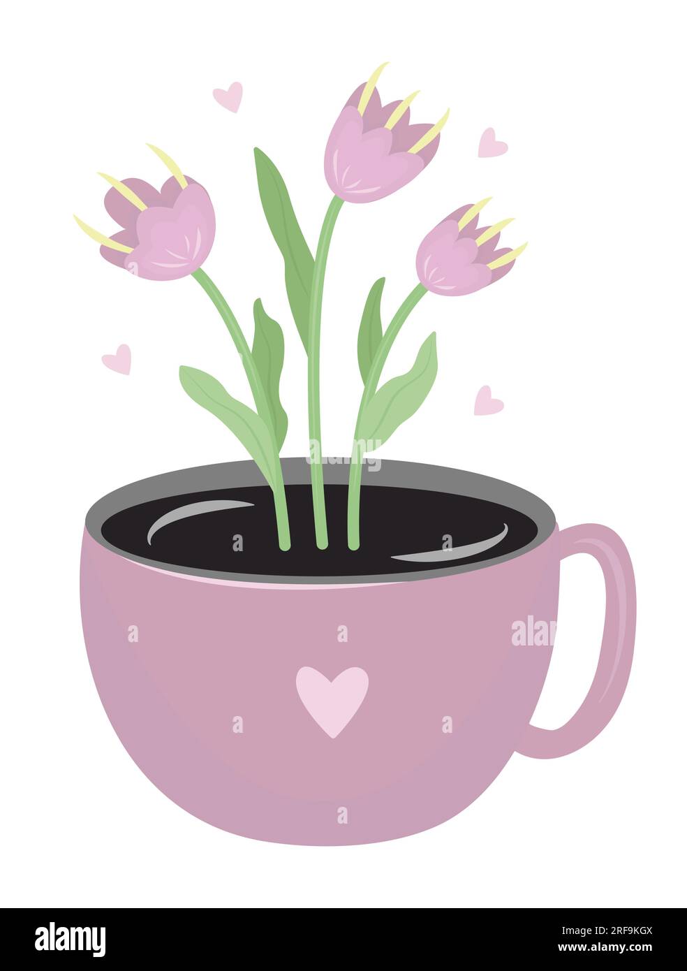 Pinkfarbene Tasse Kaffee mit pinkfarbenen Tulpen, fantasievolle bunte Illustration. Ungewöhnlicher Aufdruck für Kaffee- und Blumenliebhaber Stock Vektor