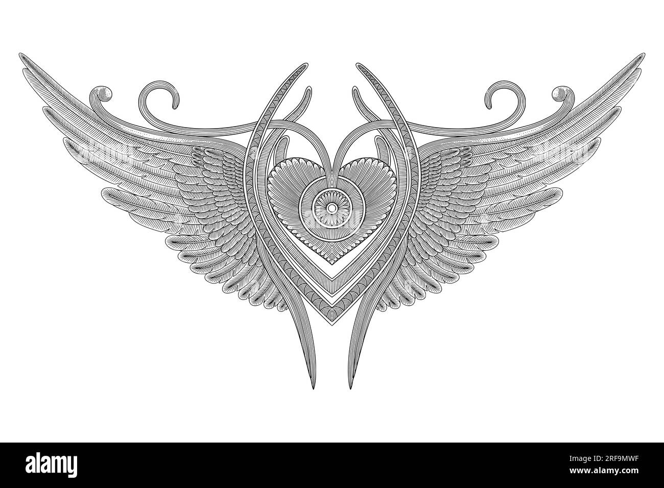 Herz mit dekorativem Design und Engelsflügeln, Vintage Gravur Stil, antikes Design Vektorbild Stock Vektor