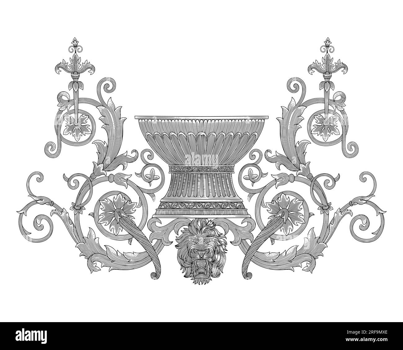 Antike mittelalterliche Vase mit Blumenverzierung und wütendem Löwen, alte Gravur im Zeichenstil Stock Vektor