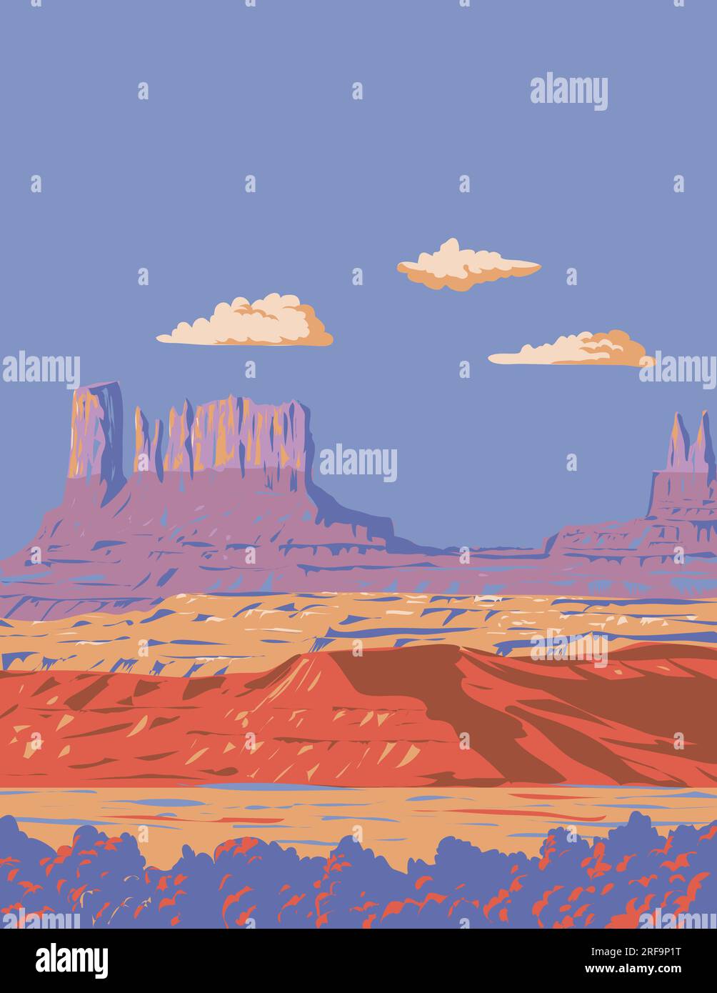 WPA-Posterkunst des Monument Valley Navajo Tribal Park in der Colorado Plateau Region in Utah und Arizona State Line in den USA in wo Stockfoto