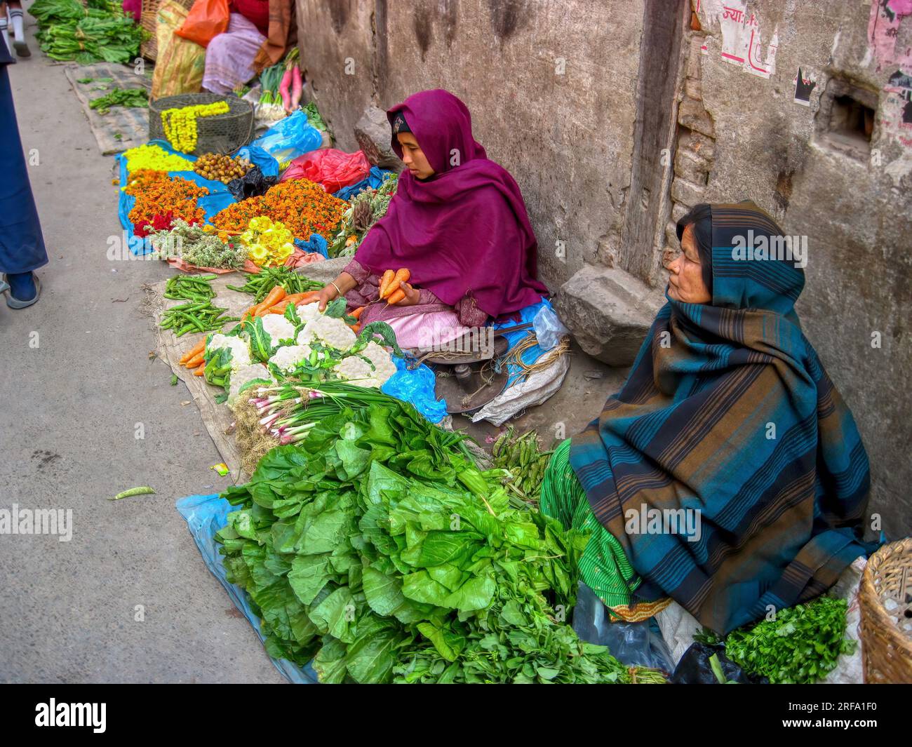 Kathmandu, Nepal - 18. Februar 2010. Frauen verdienen ihren Lebensunterhalt, indem sie frisches Gemüse und Blumen an einer Stadtstraße verkaufen. Stockfoto